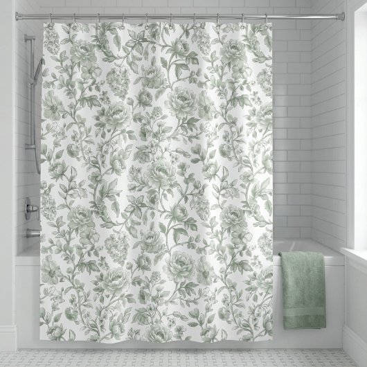 Sage Green Floral Vintage Toile Pattern  シャワーカーテン