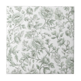 Sage Green Floral Vintage Toile Pattern  タイル