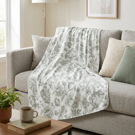 Sage Green Floral Vintage Toile Pattern  フリースブランケット