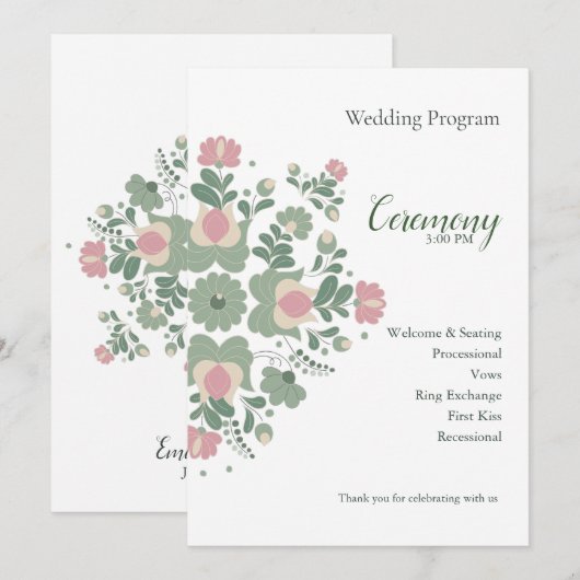 Sage Green Floral Wedding Ceremony Flat Program プログラム (正面/裏面)