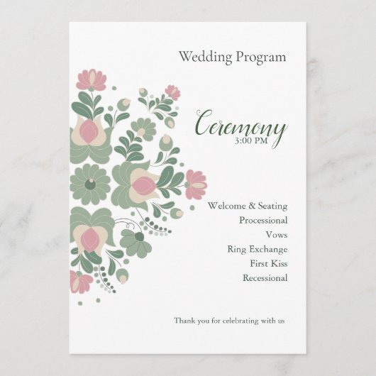 Sage Green Floral Wedding Ceremony Flat Program プログラム (正面)