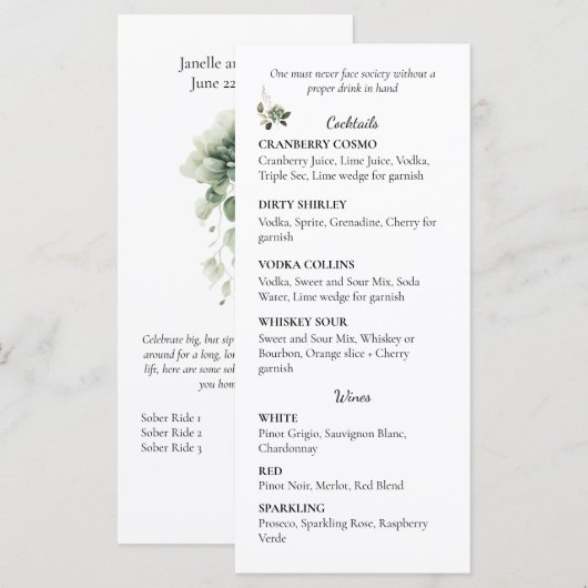 Sage Green Floral Wedding Cocktail and Wine List | メニュー (正面/裏面)