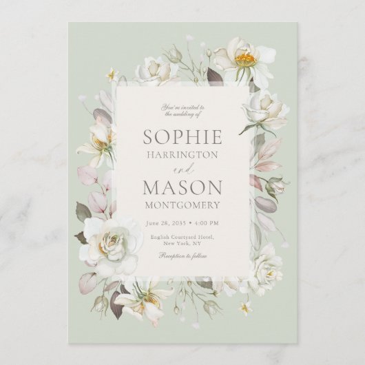 Sage Green Floral Wedding Invitation 招待状 (正面)