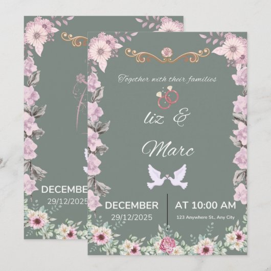  Sage Green Floral Wedding Invitation Card 招待状 (正面/裏面)