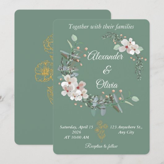 Sage Green Floral Wedding Invitation Editable 招待状 (正面/裏面)