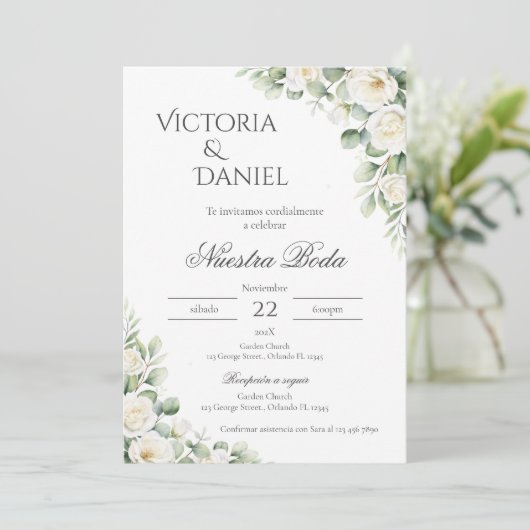 Sage Green Floral wedding invitation in Spanish 招待状 (スタンド正面)