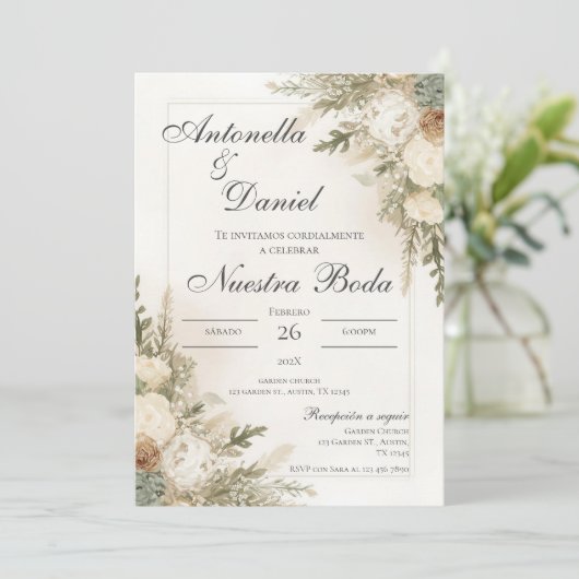 Sage Green Floral wedding invitation in Spanish 招待状 (スタンド正面)