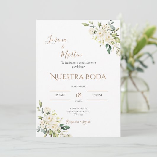 Sage Green Floral wedding invitation in Spanish 招待状 (スタンド正面)