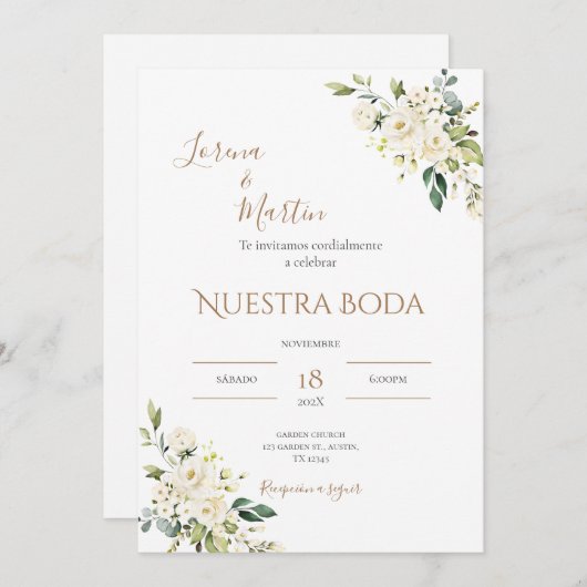 Sage Green Floral wedding invitation in Spanish 招待状 (正面/裏面)