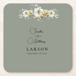 Sage Green Floral Wedding Square Paper Coaster スクエアペーパーコースター