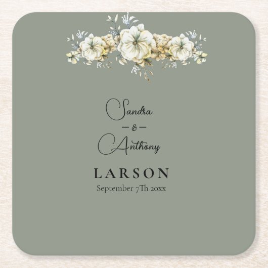 Sage Green Floral Wedding Square Paper Coaster スクエアペーパーコースター (正面)