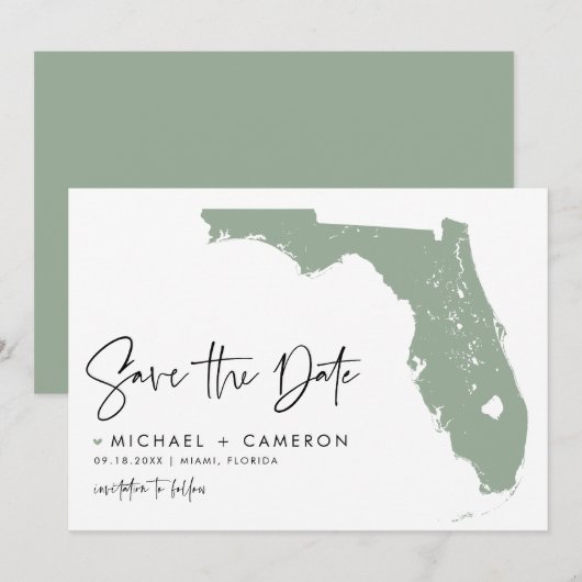 Sage Green Florida Mapミニマルモダンリストスクリプト セーブザデート (正面/裏面)