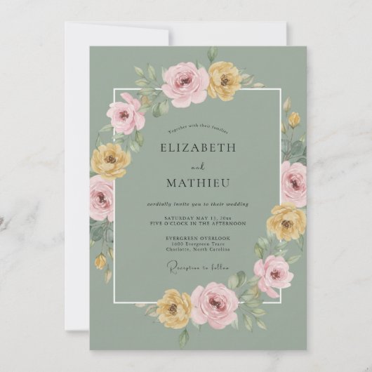 Sage Green Flourishing Spring Wedding 招待状 (正面)