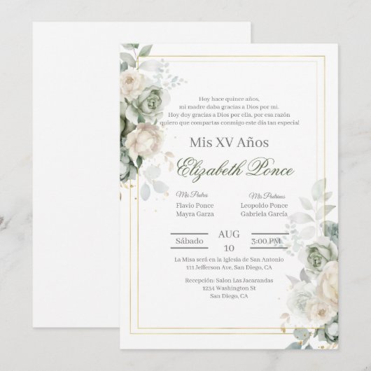 Sage green flower Quinceanera 招待状 (正面/裏面)