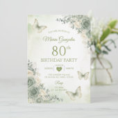 Sage Green Flowers Butterfly 80th Birthday 招待状 (スタンド正面)