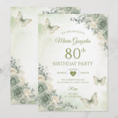 Sage Green Flowers Butterfly 80th Birthday 招待状 (正面/裏面)