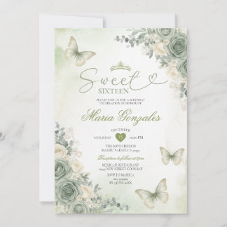 Sage Green Flowers Butterfly Girl Sweet Sixteen 招待状