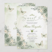 Sage Green Flowers Butterfly Girl Sweet Sixteen 招待状 (正面/裏面)
