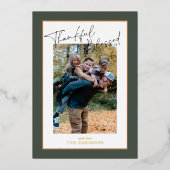 Sage Green foil gingham Thanksgiving家族の写真 箔シーズンカード (正面)