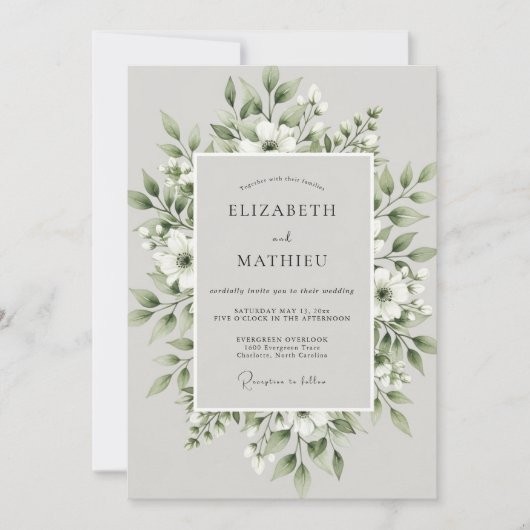 Sage Green Foliage Bloom Wedding 招待状 (正面)