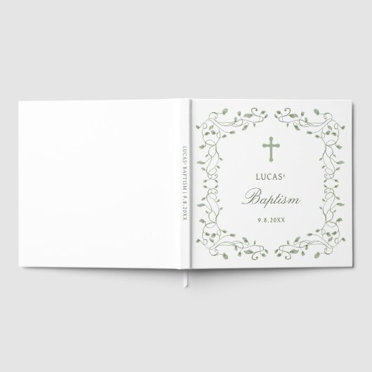 Sage Green Foliage Frame Baptism ゲストブック (全面)