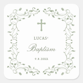 Sage Green Foliage Frame Baptism スクエアシール