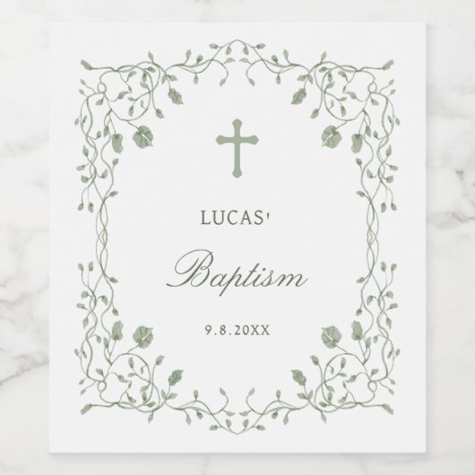Sage Green Foliage Frame Baptism ワインラベル (シングルラベル)