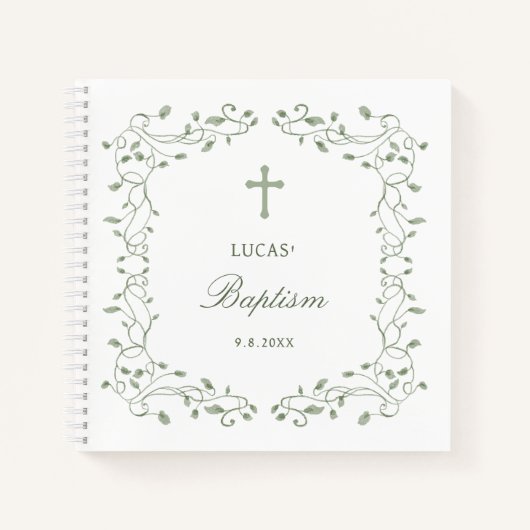 Sage Green Foliage Frame Baptism Guest Book ノートブック (正面)