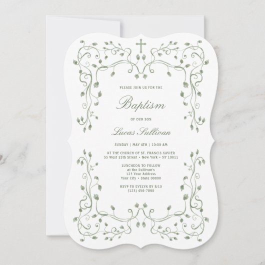 Sage Green Foliage Frame Baptism Invitation 招待状 (正面)