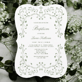 Sage Green Foliage Frame Baptism Invitation 招待状
