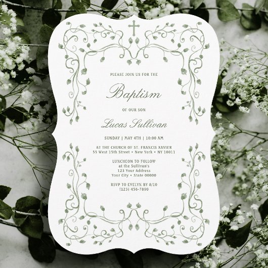 Sage Green Foliage Frame Baptism Invitation 招待状