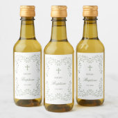 Sage Green Foliage Frame Baptism Small ワインラベル (ボトル)