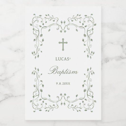 Sage Green Foliage Frame Baptism Small ワインラベル (シングルラベル)