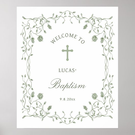 Sage Green Foliage Frame Baptism Welcome ポスター (正面)