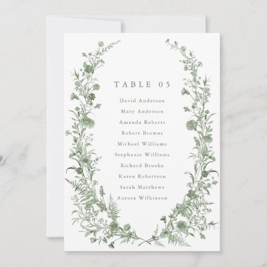 Sage green foliage Spring Chic Seating Chart card  招待状 (正面)