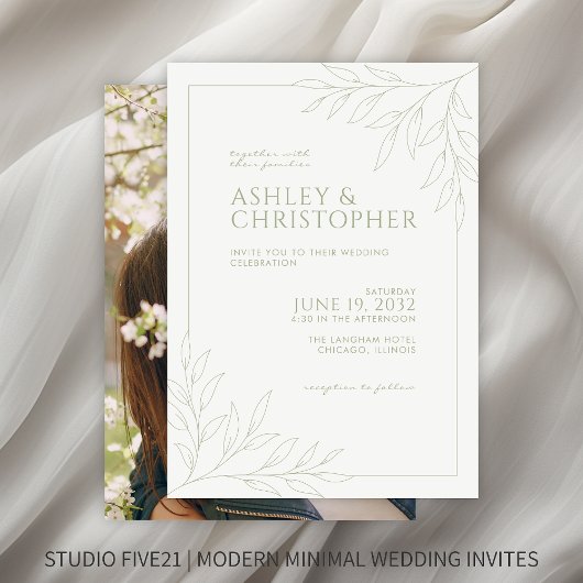 Sage Green Folidsモダン Outline Photo's 結婚 招待状