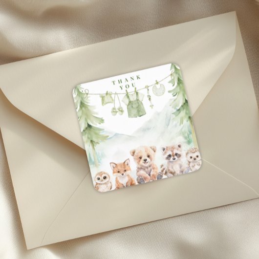 Sage Green Forest Baby Shower Favor Thank You スクエアシール