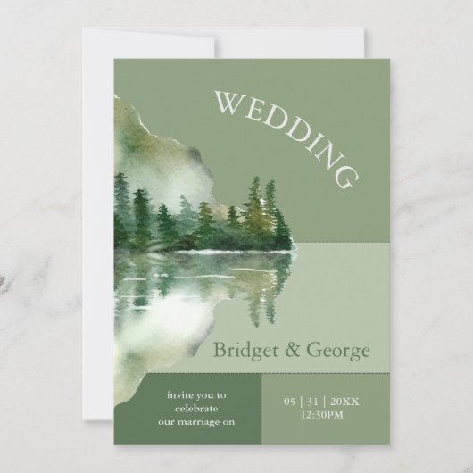 Sage Green Forest Lake Landscape Wedding 招待状 (正面)