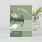 Sage Green Forest Lake Landscape Wedding 招待状 (スタンド正面)