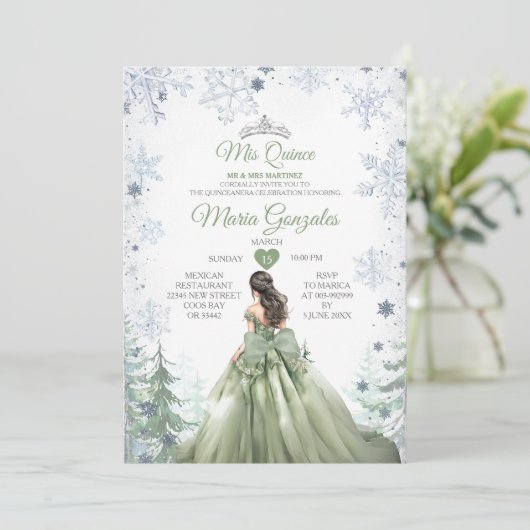 Sage Green Forest Winter Princess Mis Quince 招待状 (スタンド正面)