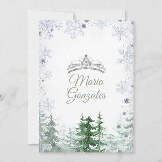 Sage Green Forest Winter Princess Mis Quince 招待状 (裏面)