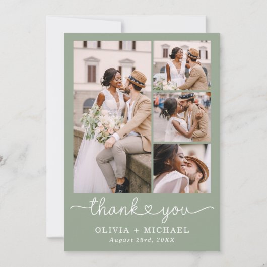Sage Green Four Photo Collage Script 結婚's サンキューカード (正面)