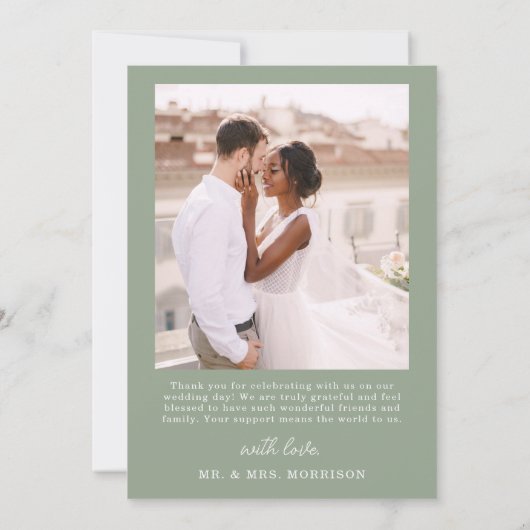 Sage Green Four Photo Collage Script 結婚's サンキューカード (裏面)