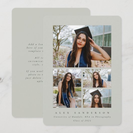 Sage Green Frame 4ミニマル写真卒業 案内状 (正面/裏面)