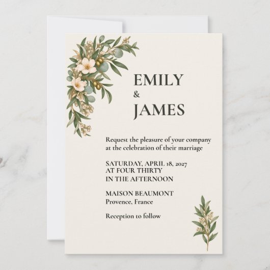 Sage Green French Botanical Wedding 招待状 (正面)
