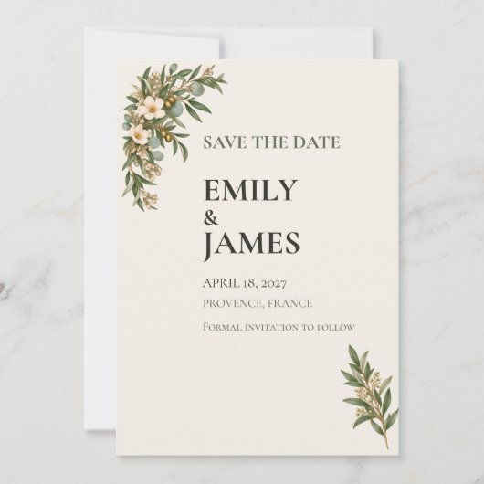 Sage Green French Botanical Wedding Save the Date セーブザデート (正面)