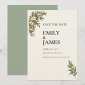 Sage Green French Botanical Wedding Save the Date セーブザデート (正面/裏面)