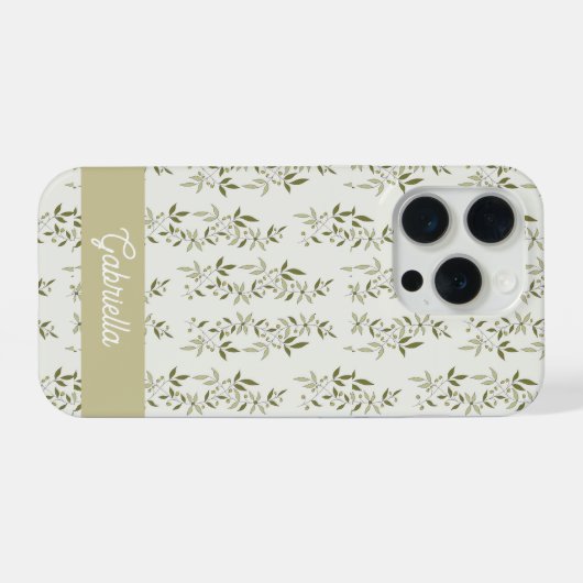 Sage green French country Olive pattern Name iPhoneケース (裏面横)