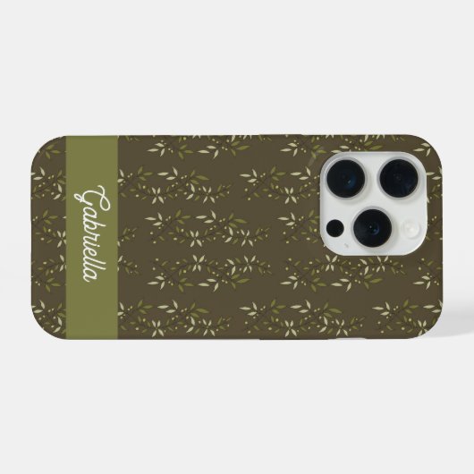 Sage green French country Olive pattern Name iPhoneケース (裏面横)
