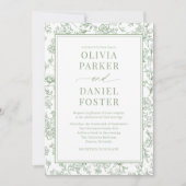 Sage Green French Floral Photo QR Code  招待状 (正面)